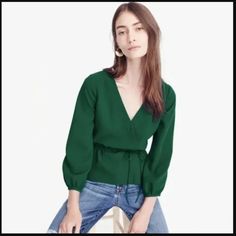 J Crew Alexa Wrap Green Blouse Elegant Green Tops For Layering, Thanksgiving Dinner Outfit, Faux Wrap Top, Dinner Outfits, Wrap Blouse, Green Blouse, Wrap Top, Stylish Women, Peplum Top