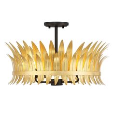 a chandelier with gold feathers hanging from it's center point, on a white background