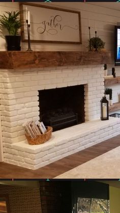 before and after pictures of a fireplace in a living room that is painted white brick