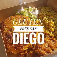 an open box filled with mexican food and the words gluen free san diego