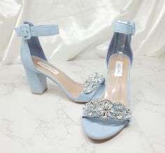 Blue Bridal Shoes available in Baby Blue faux suede, Royal Blue faux suede, Red faux suede, Navy faux suede and more. These shoes are designed with a sparkling crystal design on the front of the shoes. The listing picture shows a comfortable heel of approximately 3 1/4th inches with an ankle strap. I believe these shoes run approximately 1/2 size bigger than average so I would suggest sizing down 1/2 a size. Please contact me with any questions you may have! Please visit my website for additiona Quinceanera Shoes Heels Comfortable, Turquoise Heels Wedding, Sky Blue High Heels, Sky Blue Quinceanera Heels, Light Blue Heels Quinceanera, Light Blue High Heels Quinceanera, Light Blue Quince Heels, Quinceanera Shoes Blue, Cinderella High Heels