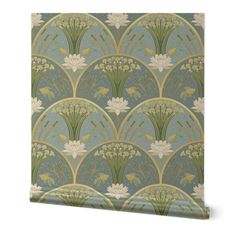 an art deco wallpaper with white flowers and leaves on blue, green and gold background