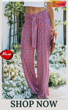 Ditsy Floral Print Tie Front Wide Leg Pants Print Pants Outfit, Work Pants Women, Slacks For Women, Flowy Pants, Style Upgrade, Print Pants, Pantalon Large, Floral Pants, Knit Crop Top