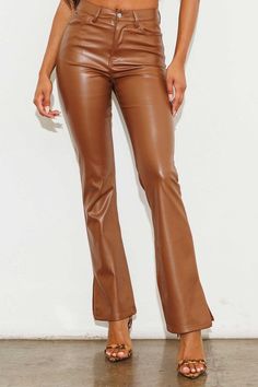 These classic 5 pocket construction vegan leather bootcut pants will make you the star at any gathering. Features side slits at the bottom of the legs and a zip fly closure. A must have piece to elevate your style. Vegan leather Stretch fabric High waisted Side slits Classic 5 pocket construction 100% PU Size 3 - Inseam 32.5" Model is 5'8" & wearing a size 3 Recommend sizing up Leather Bootcut Pants, Resort Swimwear, Buffy Summers, Bootcut Pants, Fringe Jacket, Bell Bottom Pants, Faux Leather Pants, Winter Wardrobe, Straight Leg Pants