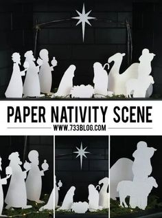 the nativity scene is cut from paper and placed in front of a black background