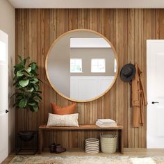 a wooden wall with a round mirror on it