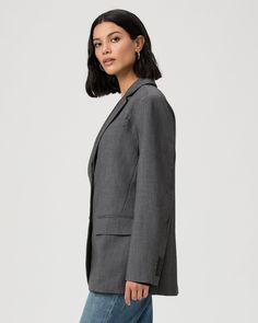 This versatile oversized blazer is the perfect year-round jacket. Crafted from a double weave stretch suiting material in charcoal grey, the Sarto Blazer is designed with double welt and flap pockets at the front and two front horn button closures. | Sarto Blazer - Charcoal | Size 2 Gray Notch Lapel Blazer For Work, Gray Blazer With Suit Collar For Work, Gray Suit Collar Blazer For Work, Gray Workwear Blazer With Welt Pockets, Gray Blazer With Welt Pockets For Work, Gray Blazer With Hidden Button Closure For Work, Double Weave, Oversized Blazer, Size 00