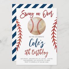 a baseball themed birthday party card with the words, swing on over as we celebrate cole's 5th birthday