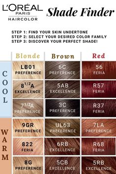 Hair Colors For Skin Tones Charts, Warm Undertone Hair Color, Color For Skin Tone, Hair Color For Warm Skin Tones, Skin Tone Chart, Rose Highlights, Loreal Hair Color