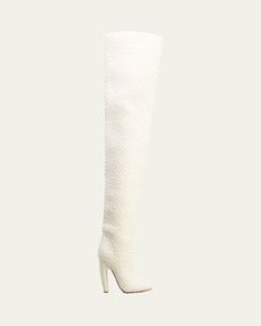 Bottega Veneta woven lambskin leather overtheknee boots    4.00 in / 100 mm stiletto heel    Round toe    Pullon style    Leather/Rubber outsole    Made in Italy Luxury Thigh High Heeled Boots, Luxury Over-the-knee Winter Boots, Luxury White Heeled Boots, Overtheknee Boots, Bottega Veneta Intrecciato, Walk This Way, Lambskin Leather, Stiletto Heel, Boot Shoes Women