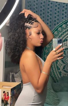 Braid And Quick Weave Hairstyles, Hair Stly For Curly Hair, Connect Ponytails Hairstyles Black Women, Simple Baddie Hairstyles Straight Hair, Half Up Half Done Curly Hair, Curly Hairstyles With Braids On Side, Rubber Band Front Curly Back, Curly Hair Braided Styles, Hair Styles For Short Black Hair