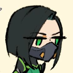 a drawing of a woman with black hair and green eyes, wearing a gas mask