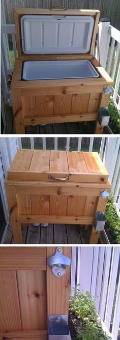 two pictures of a wooden bench with an ice chest in the middle