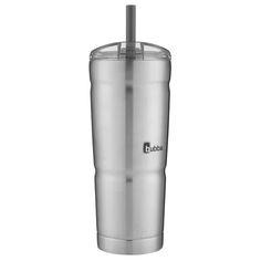 a stainless steel tumbler with a straw in it