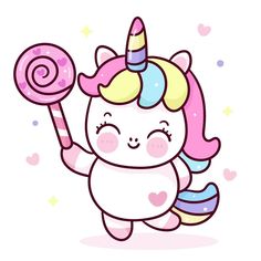 a cute unicorn holding a lollipop in her hand