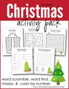 christmas activity pack for the word scramble, word finder and color by number game