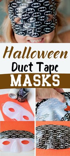 a collage of pictures showing how to make duct tape masks with the words halloween duct tape on them