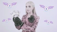 a woman holding cash in her hands with wings above her head and on the wall behind her