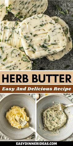 a collage of photos showing how to make herb butter with cheese and spinach