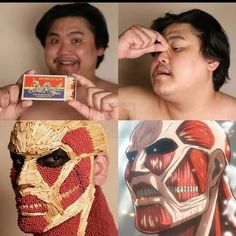 two men with different facial expressions, one holding a matchbox and the other wearing a mask