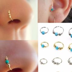 six pairs of nose piercings with turquoise beads and gold plated ear rings, all in different styles