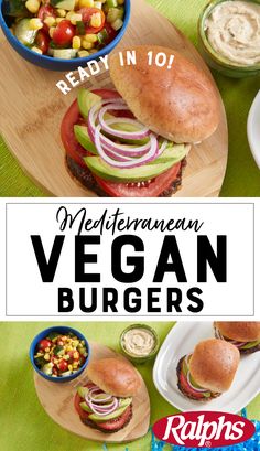 an image of vegetarian vegan burgers on a cutting board with vegetables and dip