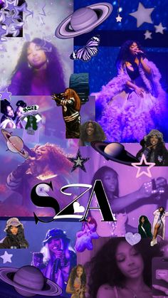 a collage of photos with the word sasa in purple and stars on it