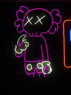 a neon sign with a cartoon character next to it on a dark background, that says don't touch