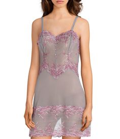 Wacoal Embrace Lace Chemise - Lilac Grey/Multi L Fitted Party Chemise With Spaghetti Straps, Fitted Chemise With Spaghetti Straps For Party, Fitted Sleeveless Party Chemise, Fitted Sleeveless Chemise For Party, Fitted Chemise With Delicate Lace And Spaghetti Straps, Sheer Lace Fitted Chemise, Fitted Sheer Lace Chemise, Fitted Lace Camisole With Contrast Lace, Fitted Lace Sheer Chemise