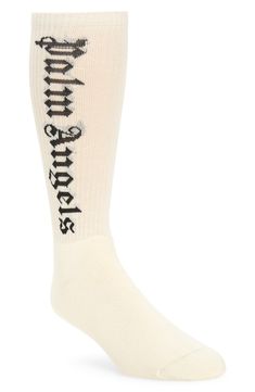 Stretch-hinted Italian cotton yarn offers daylong comfort in classic crew socks featuring the Milanese label's gothic logo in a jacquard-knit design. Cotton/elastane/polyester Machine wash, dry flat Made in Italy Gothic Logo, Jacquard Knit, Classic Logo, Palm Angels, Knitting Designs, Crew Socks, Cotton Yarn, Butter, Cotton Blend