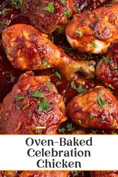 oven baked celebration chicken with red sauce and parsley garnish on the side