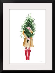 a watercolor painting of a girl holding a christmas tree in her hands and wearing red boots