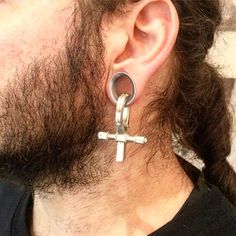 "This beautiful set was inspired by the ancient Egyptian ANHK, the symbol for \"life\". A unique clever design that folds open to facilitate its application and that contains a \"hidden\" pin screw key to secure itself safely onto your tunnels and stretched lobes. It incorporates an opal stone in each extremity and is meticulously handcrafted by American artisans entirely out of sterling silver. It's an excellent accessory for a man's or woman's distinct casual look. * Please note that the lower Mod Jewelry, Stretched Lobes, Ear Hangers, Biker Jewelry, Body Modification, Ear Weights, Stretched Ears, Body Modifications, Sterling Silver Mens