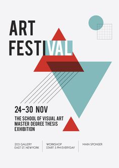 the poster for art festival is shown in red, blue and green colors with an abstract design