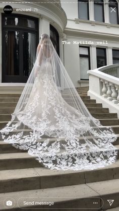 a woman in a wedding dress standing on some steps with her veil over her head