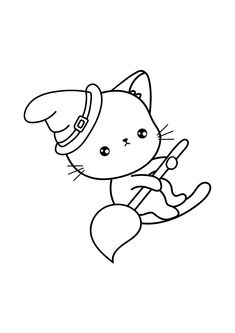 a black and white drawing of a cat wearing a hat