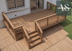 a wooden deck with steps and railings in front of a house