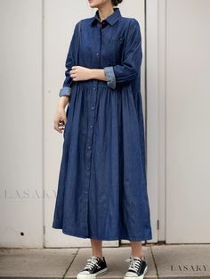 Lasaky - Vintage Casual Loose Fit Single-Breasted Turn-Down Collar Solid Color Dress Jeans Dresses For Women, Basic Skirt, Fashion Hijab, Stylish Work Outfits, Solid Color Dress, Mid Length Skirts, Designs For Dresses, Skirt Skirt, Color Dress