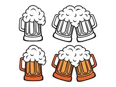 three mugs of beer with foamy bubbles are shown in this hand drawn illustration