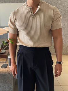 Khaki Casual Collar Short Sleeve Fabric Plain  Embellished Slight Stretch  Men Clothing Dark Colored Outfits, Casual Wedding Outfit Mens, Mens Drip, Funky Minimalist, Summer Drip, Wardrobe Revamp, Stylish Men Wear, Transitional Fashion, Masculine Fashion