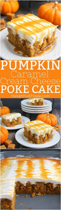 pumpkin caramel cream cheese poke cake with frosting on top and in the middle