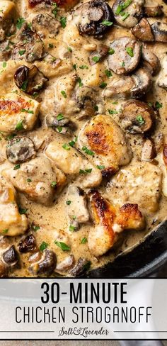 a skillet filled with chicken and mushrooms