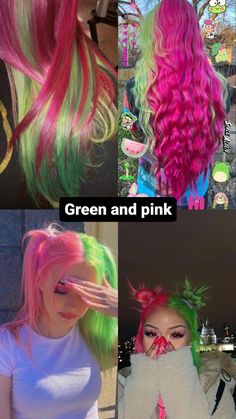 green and pink hair Pink And Green Spidersona, Hair Dye Color Combos, Pink And Green Hair Black Women, Pink And Green Hair Ideas, Pink And Green Hair Dye Ideas, Green And Pink Hair Color, Pink And Green Hair Dye, Neon Green Hair Streaks, Punk Hair Dye