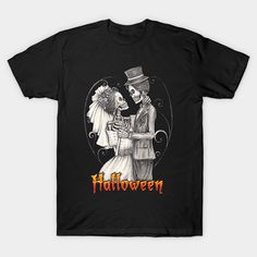 a black t - shirt with an image of two skeletons dressed as bride and groom