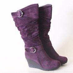 Suede Slouch Boots, Purple Wedges, Wolf Oc, Slouch Boots, Buckle Fashion, Buckles Fashion, Slouched Boots, Girly Shoes, Buckle Boots