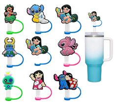 various cartoon characters are on the handles of different colored plastic cups, with one cup in the middle