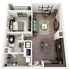 an overhead view of a two bedroom, one bath apartment with living room and dining area