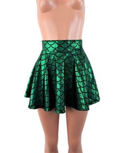 "Measure yourself to make sure you get the correct length! Green , Big round Shimmering mermaid scale print spandex skater skirt 15\" shown on mannequin.High waist skirt can be worn lower or higher most skirts allow you to place the waistline where it suits you, on your particular body shape and personal desire! this fun flirty skirt is a full circle design and can be ordered in lengths of 10 inch, 12 inch, 15 inch and 19 inch- if you need a longer length contact me for a quote. Any of my items Stretch Mermaid Skirt For Party, Green Stretch Mermaid Dress For Party, Green Sequined Fitted Skirt, Fitted Green Mermaid Bottoms, Green Fashion Outfits, Mermaid Skirts, Skirt Circle, Skater Skirts, Green Mermaid