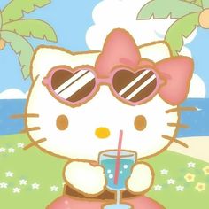 a hello kitty with sunglasses and a drink