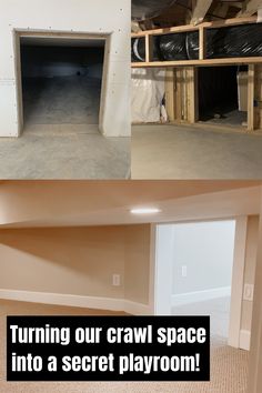 before and after pictures of an unfinished basement with crawl space in the middle, then on the second floor